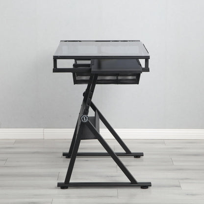 YJSPSSW Black Adjustable Tempered Glass Drafting Table with Chair, 5mm Thick Glass, 0-75° Tilt, 2 Metal Drawers, Side Storage Strips, Adjustable Legs for Office & Painting