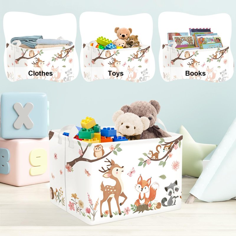 Clastyle Forest Animal Baby Storage Basket Leaf Kid Laundry Hamper Boy Girl Gift Toy Box Collapsible Clothes Organizer Nursery Bin for Bedroom, Pink Deer, 40x30x30 cm