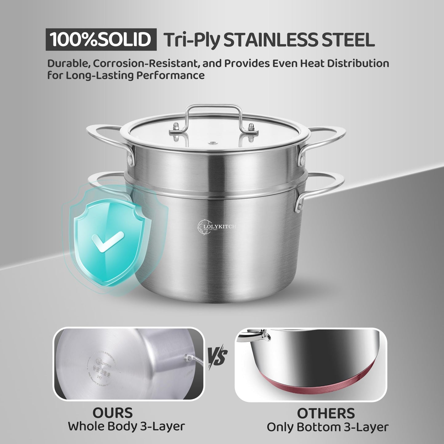 LOLYKITCH 5 Quart Stainless Steel Steamer Pot with Glass Lid, 3-Ply Steaming Pot for Cooking, 2 Tier Induction Steamer Pot for Tamales Seafood Vegetables Dumplings Stock Pot, Thick