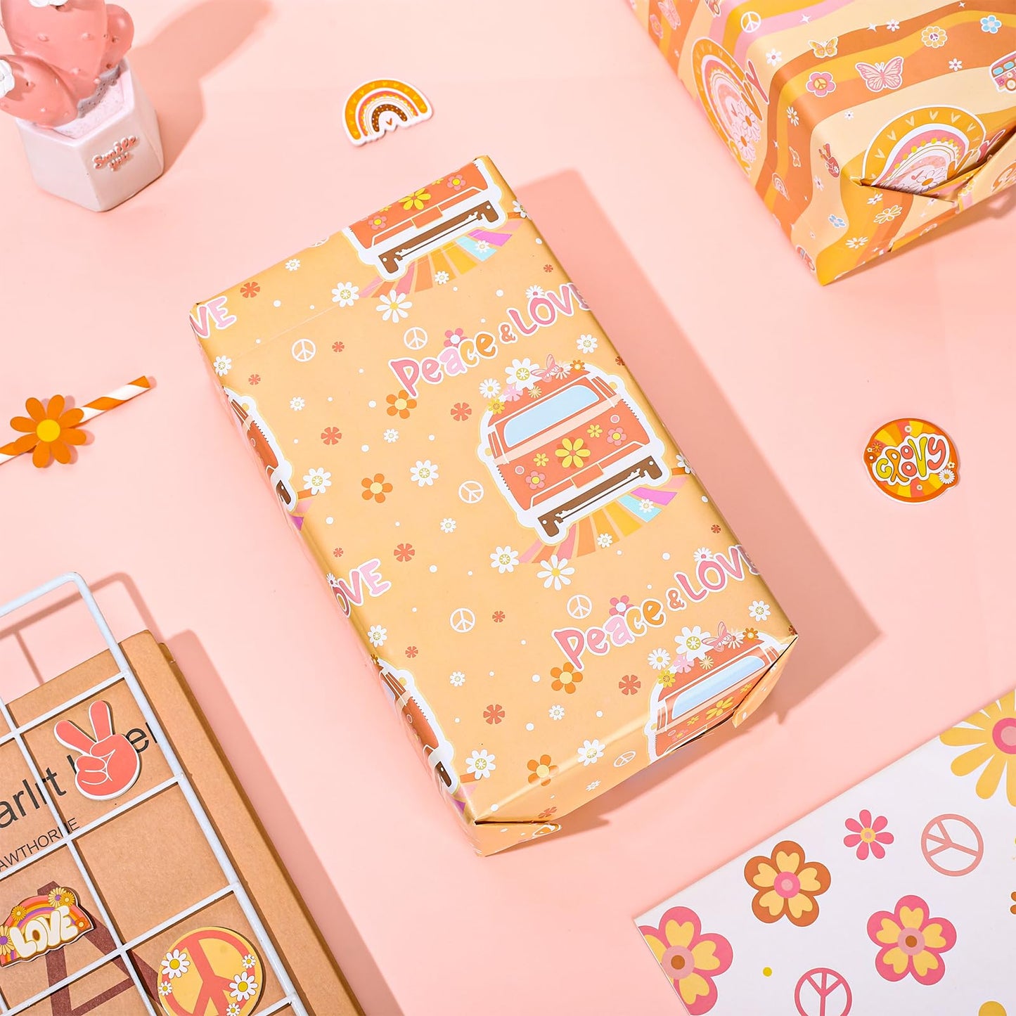 Whaline 12 Sheet Groovy Hippie Wrapping Paper 4 Style Boho Rainbow Daisy Pattern Packaging Paper Retro Groovy DIY Art Craft Sheets for Birthday Baby Shower Party, 19.7 x 27.6 Inch, Folded Flat