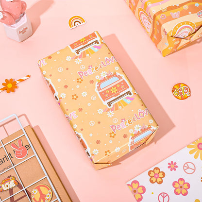 Whaline 12 Sheet Groovy Hippie Wrapping Paper 4 Style Boho Rainbow Daisy Pattern Packaging Paper Retro Groovy DIY Art Craft Sheets for Birthday Baby Shower Party, 19.7 x 27.6 Inch, Folded Flat