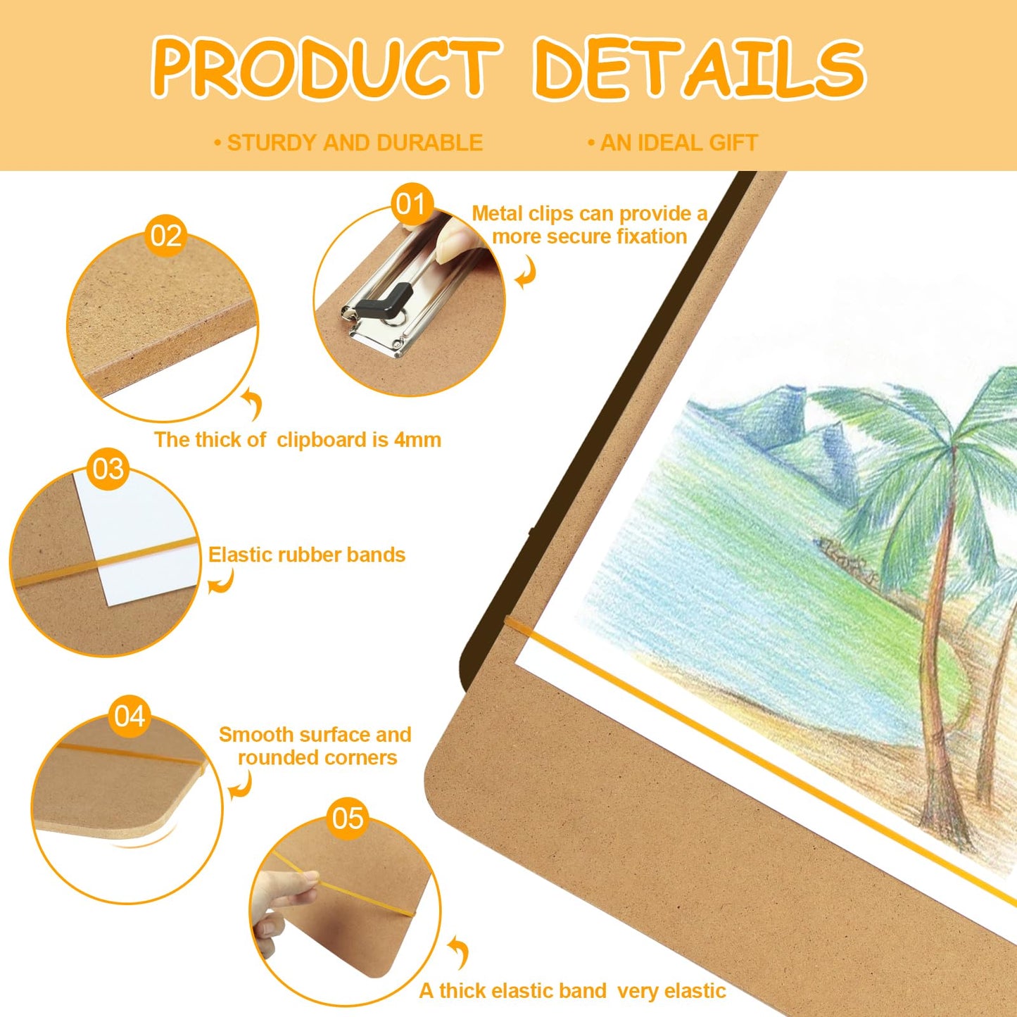 TKOnline 11.8x17.7 Sketch Drawing Board, Art Board with Sturdy Clip and Rubber Bands, Portable Artist Clipboard Easel for Classroom, Drafting and Studio Drawing