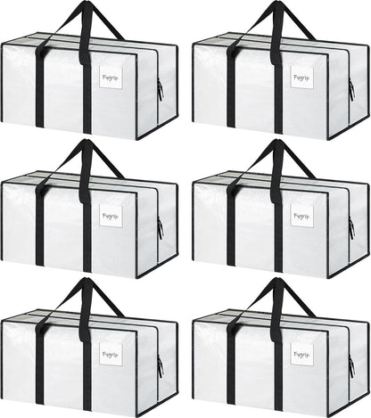 Skiennix 6 Pack Extra Heavy Duty Moving Bags - Strong Zipper & Comfortable Handles | Durable Storage Totes in White