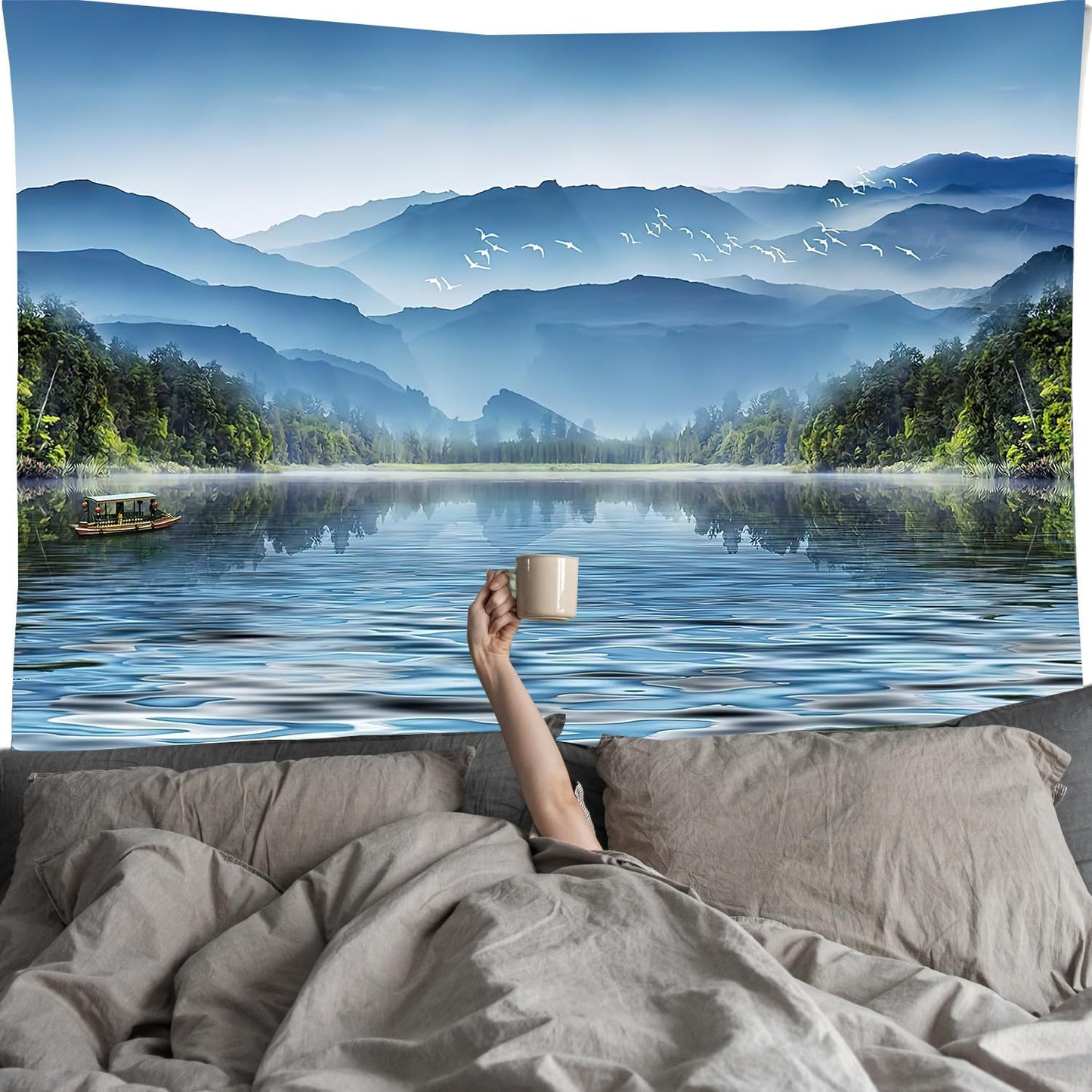FENDROM Spring Nature Tapestry Wall Hanging Misty Mountain Forest River Landscape Tapestries for Home Decor