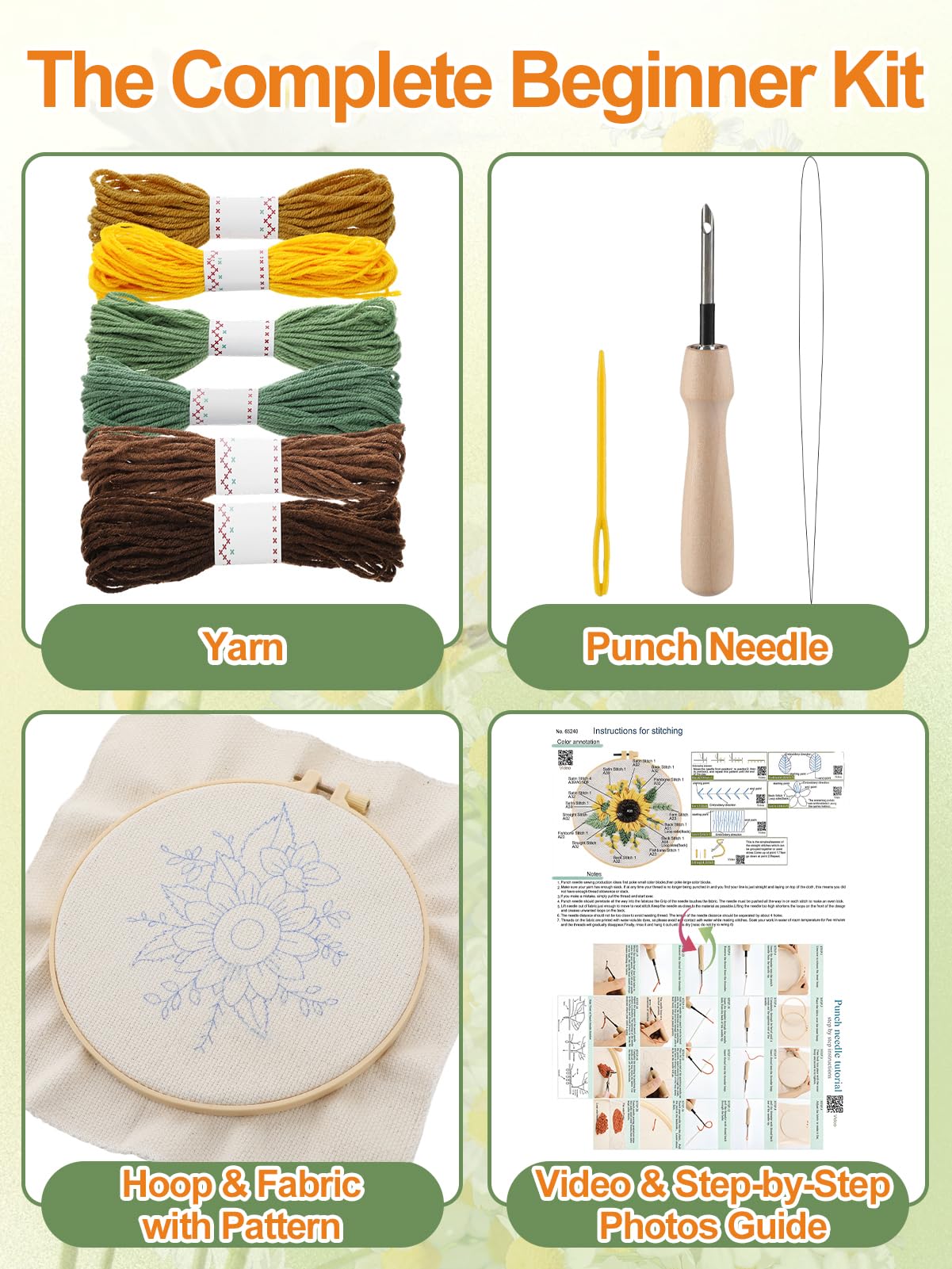 Punch Needle Kit Adults Beginner - Includes Hoop/Needle/Yarns/Punch Needle Fabric with Pattern, Embroidery Craft Gifts for Women Mother, Cute Sunflower