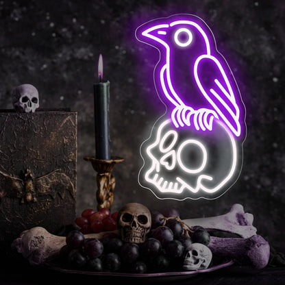 Raven on Skull Neon Sign, Purple Crow Cold White Skeleton LED Wall Light for Gothic Room, Halloween Decor, Man Cave, Dark Aesthetic Gift, Witchy Space 16.7" x 10.1"