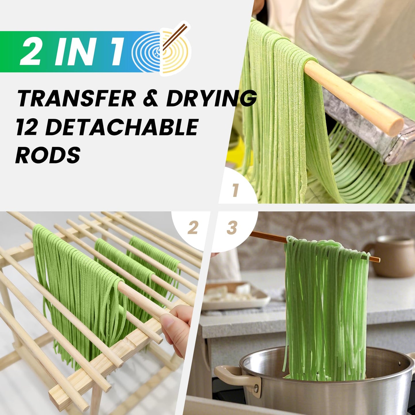 VAZINE Pasta Drying Rack, Wooden Noodle Drying Rack for Pasta with 12 Detachable Rods & Fixed Grooves, Effortless Pasta Transfer, Holds Short/Long Noodles