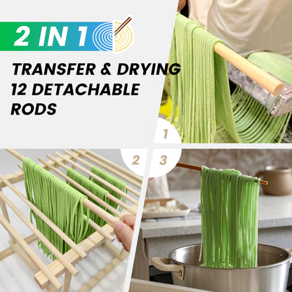 VAZINE Pasta Drying Rack, Wooden Noodle Drying Rack for Pasta with 12 Detachable Rods & Fixed Grooves, Effortless Pasta Transfer, Holds Short/Long Noodles