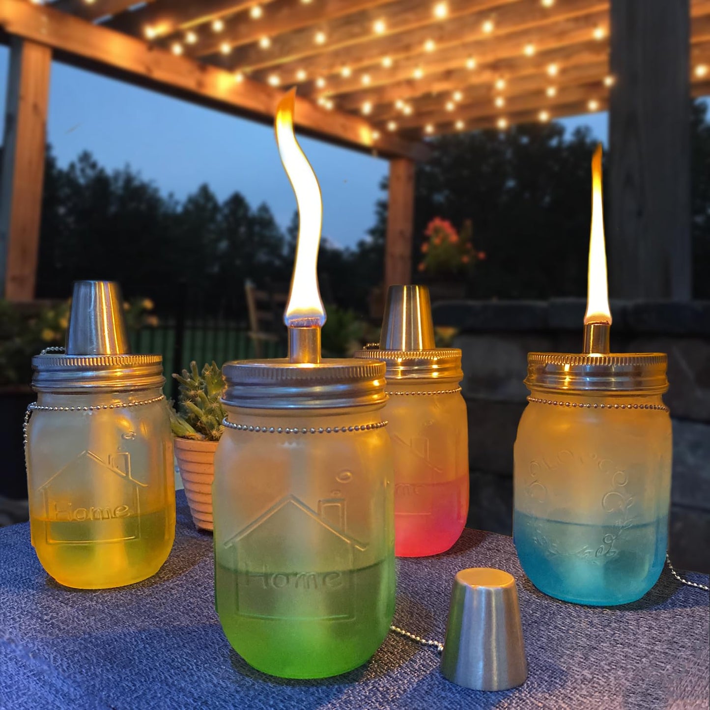 Yitee Mason Jar Tabletop Torch Kits,4 Pack Longlife Fiberglass Wicks,Stainless Steel Mason Jar Lids Caps Included,Outdoor Deck Oil Lamp Torch,Patio Xmas Decor