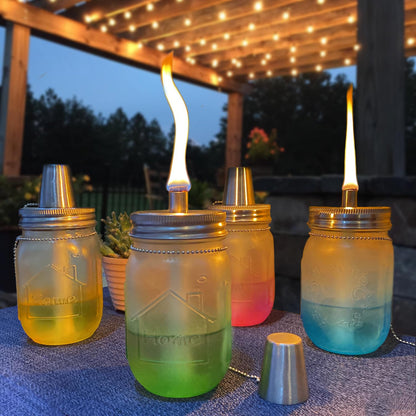 Yitee Mason Jar Tabletop Torch Kits,4 Pack Longlife Fiberglass Wicks,Stainless Steel Mason Jar Lids Caps Included,Outdoor Deck Oil Lamp Torch,Patio Xmas Decor