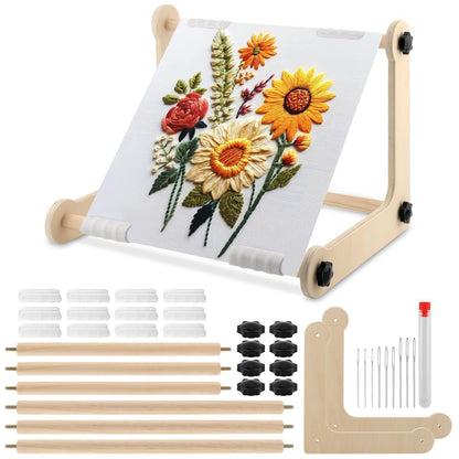 Adjustable Embroidery Table Stand, Wood Embroidery Hoop Holder, Hands-Free Cross Stitch Scroll Frame Needlepoint Stand for Lap/Table Top Stitching Sewing, 11.8" & 15.75" 2 Size Rod(Color:Wood)