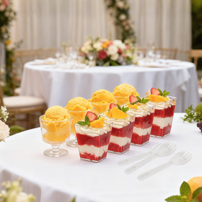 SIJDIEE 120 Pcs Plastic Dessert Cups with Spoons, 5 OZ Mini Clear Plastic Dessert Parfait Cup, Reusable Square Dessert Shot Glasses and Round Goblet for Party Ice Cream Cake Yogurt Fruit Pudding