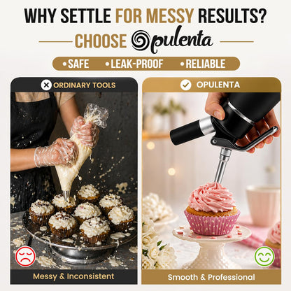 Opulenta Premium Whipped Cream Dispenser – Leak-Proof Whip Maker with 3 Stainless Steel Nozzles, Spatula, Food Pen & Brush – Professional Whipped Cream Maker Canister – N2O Not Included – 500ml