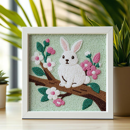 DOODLREAM Rabbit On Branch DIY Punch Needle Embroidery Kit for Adult Beginner, 9.4" Bunny Flower Punch Stitching Craft Set for Starter with Frame,Fabric Pattern,Threader, Yarn, Pinch Needle
