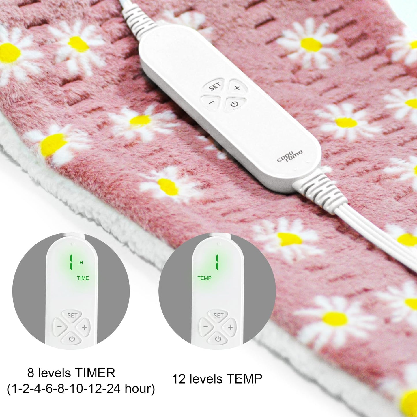 GOQOTOMO Flower Heating Pad for Back Pain Relief- 12" x 24"12 Heat Levels, 8 Timers Stay on, Machine Washable -F1224