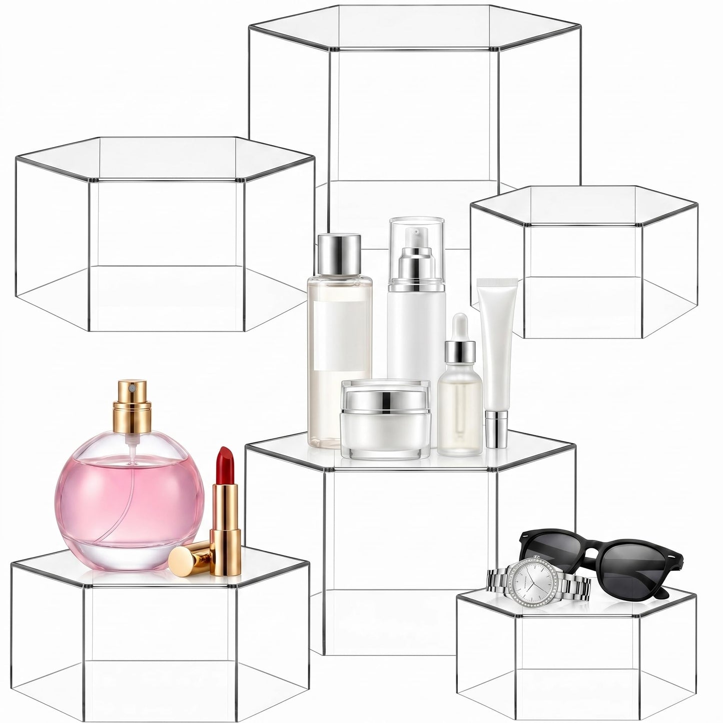 Jerify 6 Pcs Acrylic Risers Display Stands, 5.91'' 5.12'' 3.54'', Clear Hexagon Nesting Pedestal Shelf with Hollow Bottom for Tabletop Jewelry Display, 3 Sized