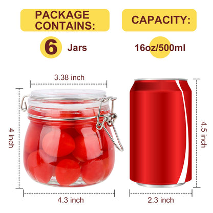 HINGWAH 16 oz Glass Jars with Airtight Lids, 6 Pack Wide Mouth Mason Jars with Clamp Lids for Kitchen Canisters, Food Storage Containers for Pickling, Coffee, Spices, Sugar, Herbs