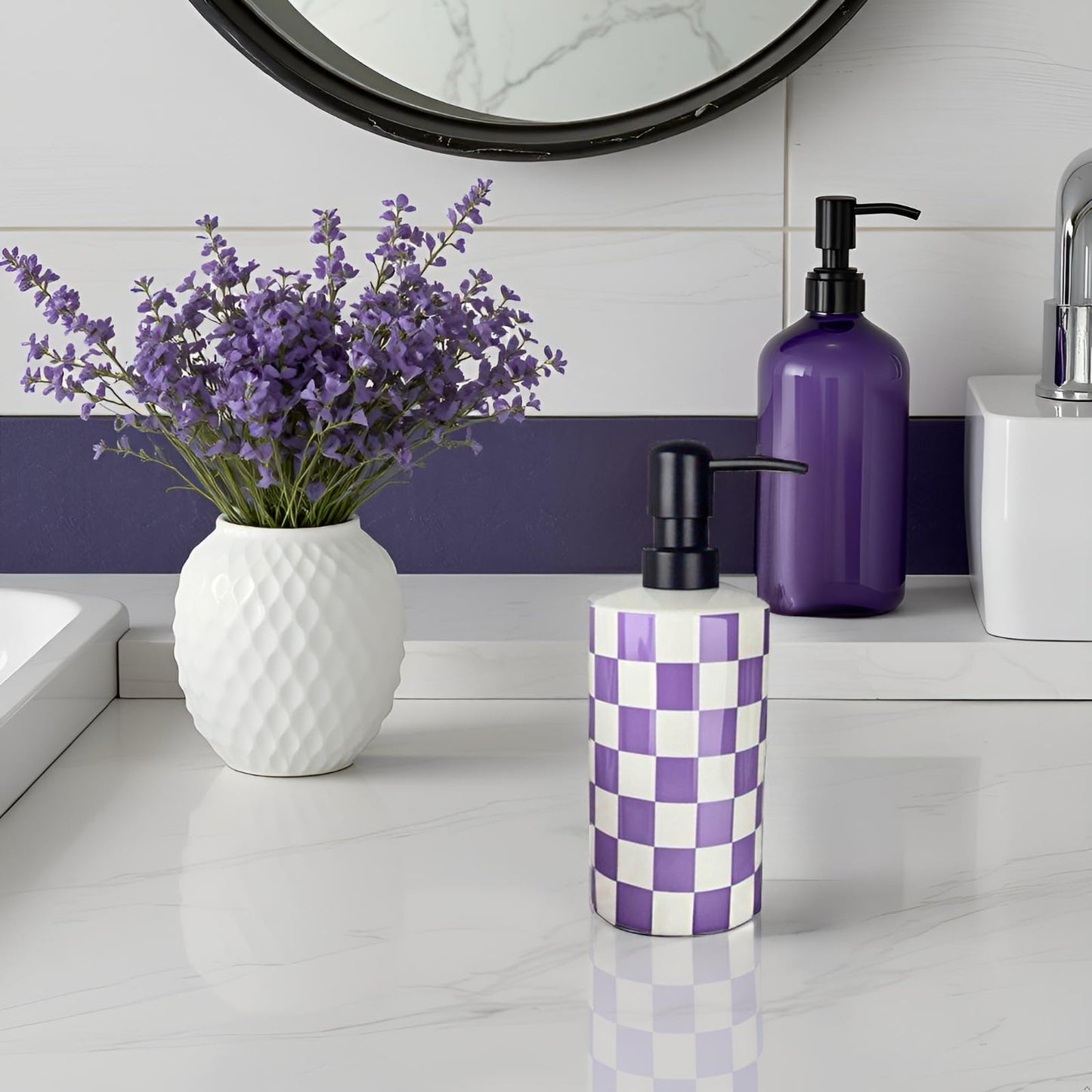 Hand Soap Dispenser, Purple Soap Dispenser with Stainless Steel Pump for Bathroom/Kitchen Countertop, Ceramic Modern Cute Refillable Lotion/Liquid Bottles for Bathrooms,Lavender Bathroom Decor (15oz)