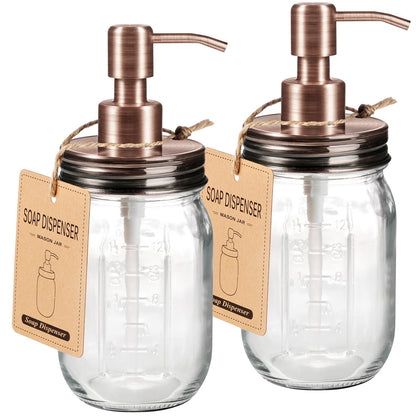 Amolliar Mason Jar Liquid Soap Dispenser, 16OZ Glass Countertop Lotion Dispenser Bottle, Farmhouse Decor for Kitchen, Bathroom, Refillable Dispenser for Hand Soap, Dish Soap, Lotion Soap, Copper 2Pack
