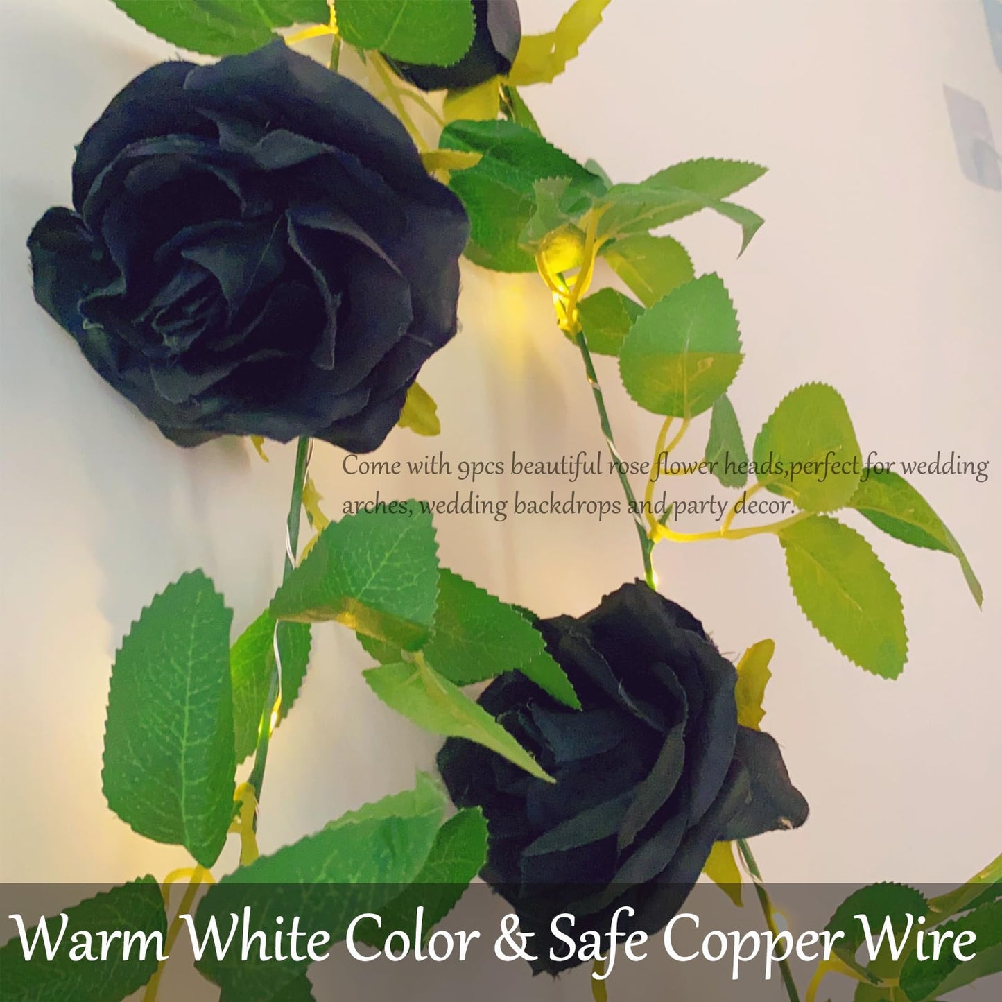 Fielegen 6.56 FT Halloween Artificial Black Rose Vine Lights Fake Floral Garland Wall Decoration Faux Plants Rose Vine with 20 LED Fairy Lights Battery Operated String Lights for Garden Wedding Decor