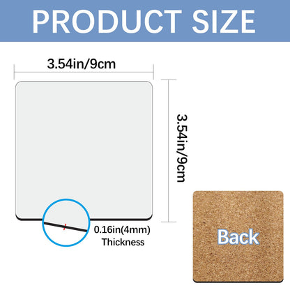 36 Pcs Sublimation Small Square Coaster Blanks Bulk with Cork Back MDF Heat Transfer Wood Cork Coasters Product Blank Iteam 3.54x3.54 Inch