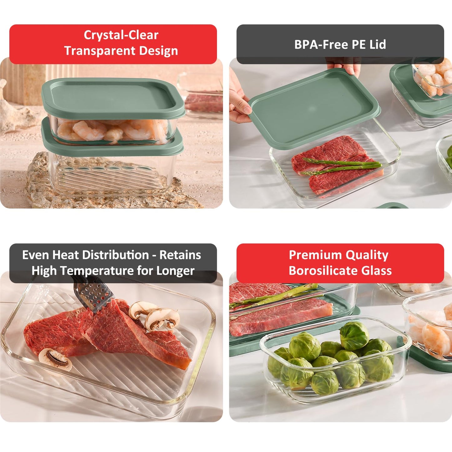 EATEX 6 Pack Glass Meal Prep Containers with Grooved Base, 6 Stackable BPA Free Glass Storage Containers with Lids for Lunch, Pantry, and Kitchen - Microwave, Dishwasher Freezer & Oven Safe - Sage