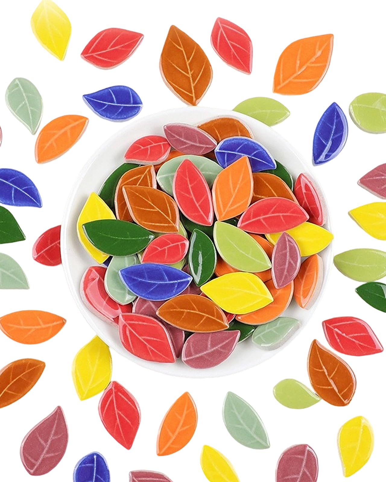 200g Mixed Sizes Leaves Mosaic Tiles for Craft Bulk, Small Ceramic DIY Stepping Stone Kit, Glazed Porcelain Tiles for Coasters Lamp Bathroom Decorations (Mixed)