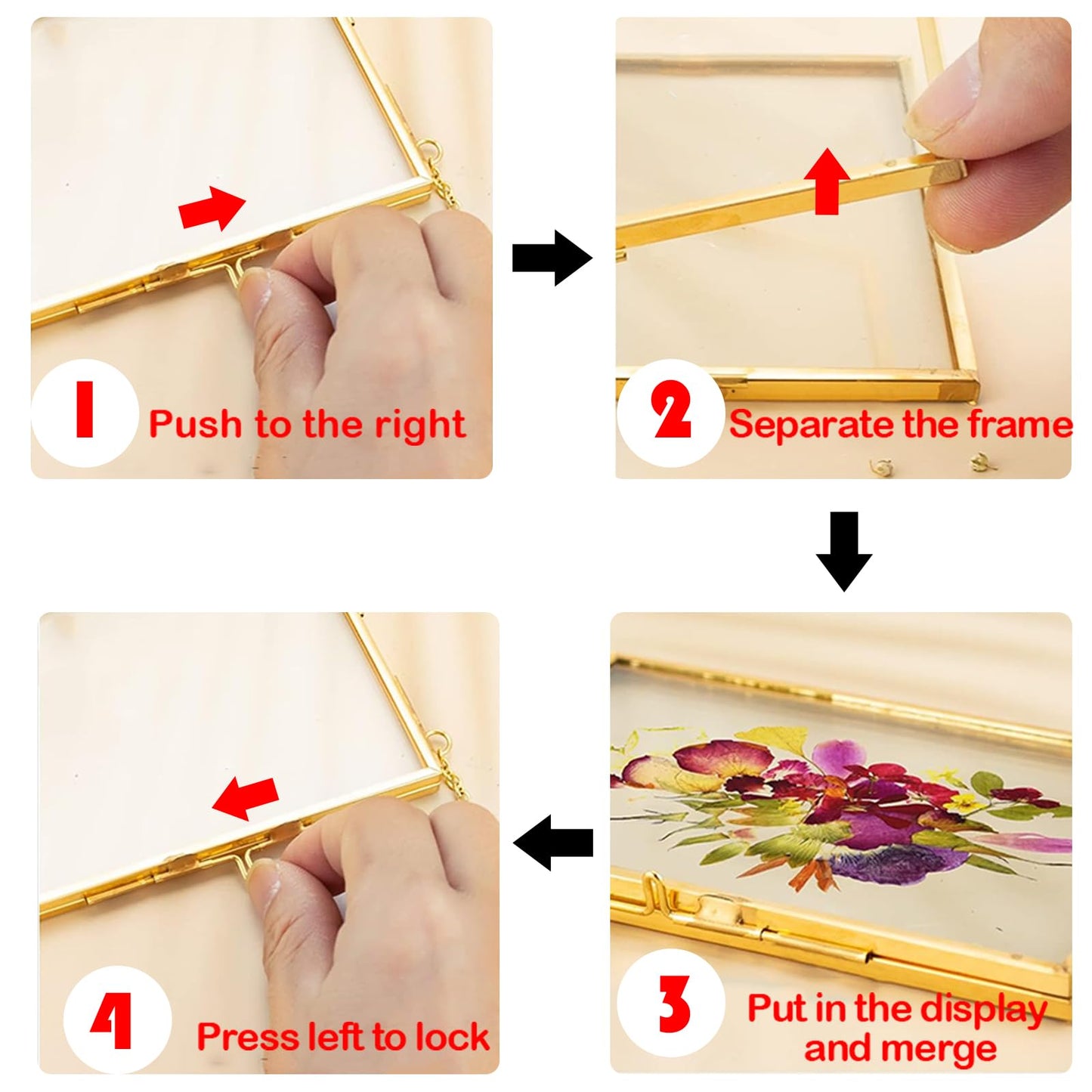 Voittozege 6 Pcs Double Glass Frame for Pressed Flowers, 6 Different Golden Hanging Glass Picture Frames with Chain Gold Floating Frames Artwork Display for Gallery Wall Decor Dried Plant Leaf