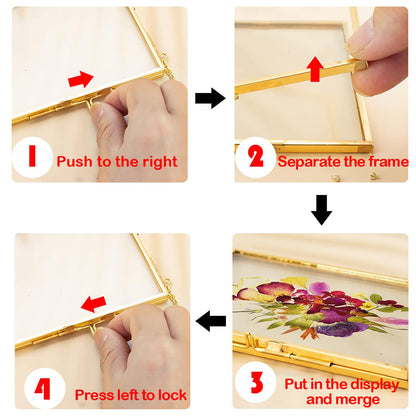 Voittozege 6 Pcs Double Glass Frame for Pressed Flowers, 6 Different Golden Hanging Glass Picture Frames with Chain Gold Floating Frames Artwork Display for Gallery Wall Decor Dried Plant Leaf