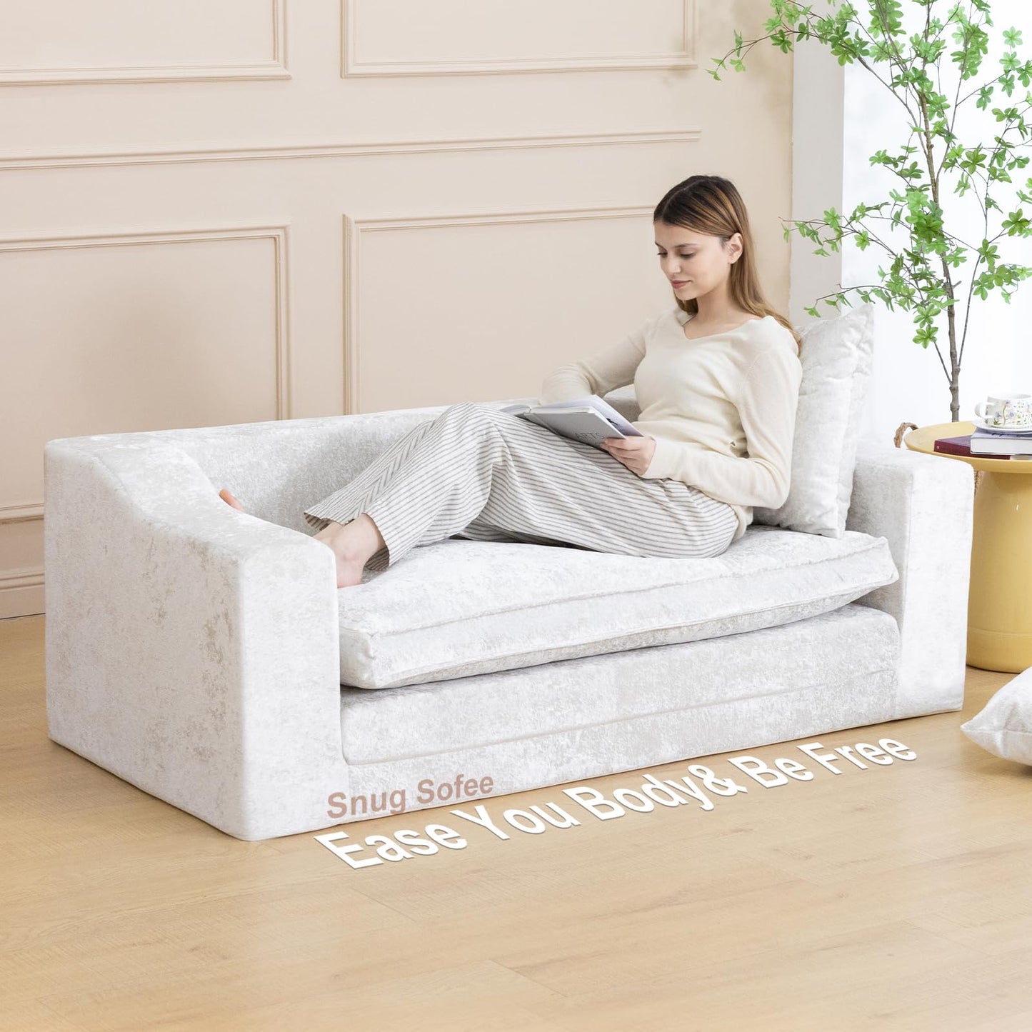 61" Convertible Sofa Bed Loveseat, Memory Foam Boneless Floor Couch with Removable Plush Velvet Cover, Tri-folding Compact Full-size Sleeper for Small Living Room, Playroom, Guest Room, RV (Off White)