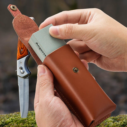 Angerstone Portable Whetstone Knife Sharpening Stone - Outdoor Hunting Knife Sharpener Stone Kit Dual Grit 400/1000 - Pocket Sharpening Stones for Knives with Cowhide Pouch for Bushcraft Camping Field