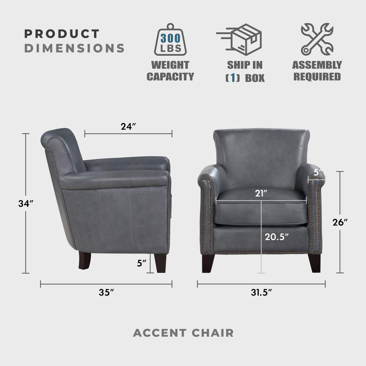Lexicon 100% Top Grain Genuine Leather Chair, Leather Accent Chairs for Living Room, Solid Wood Frame, Rolled Armrest & Nailhead Trim, Comfy Reading for Bedroom, Office, Waiting Room, Burnish Gray