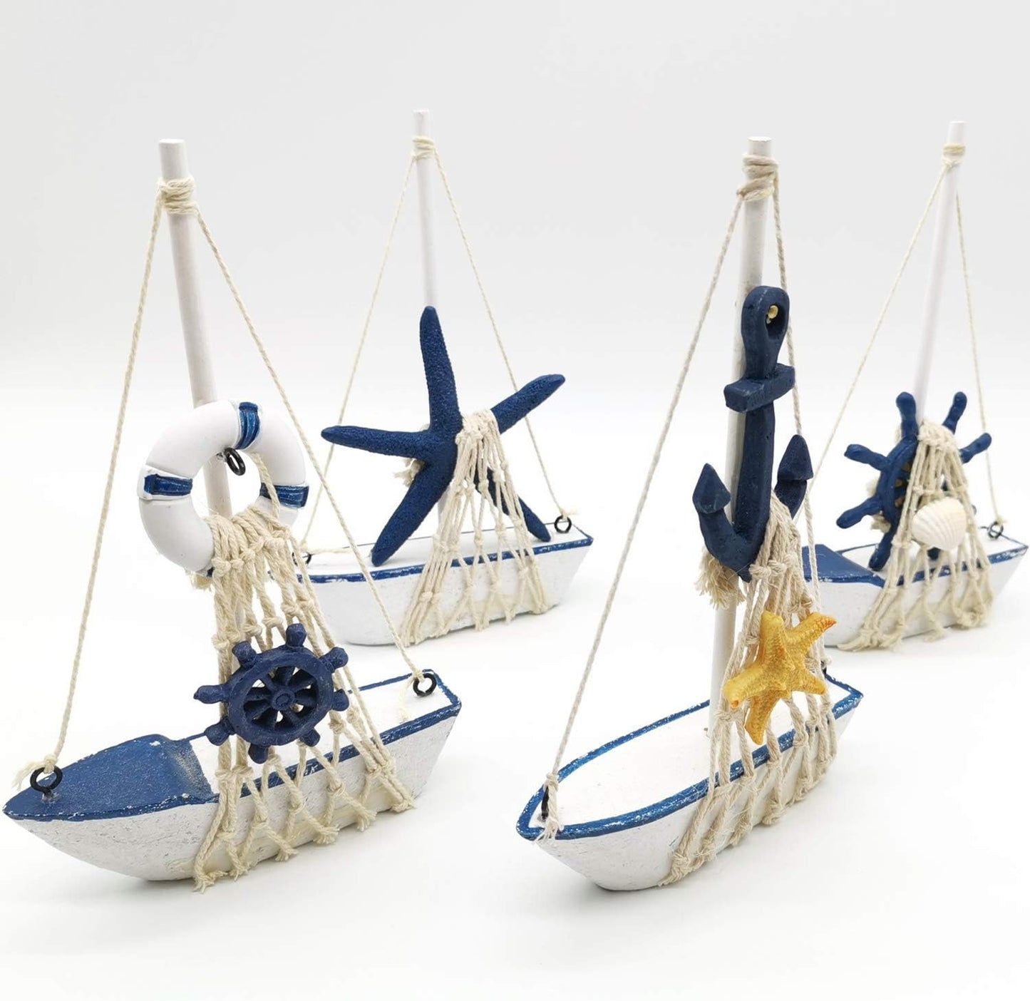 4PCS Sailboat Set, 4.4 6.8 Inch TIHOOD Mini Model Decoration Wooden Miniature Sailing Boat Home Decor Beach Nautical