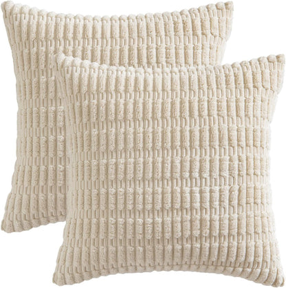 MIULEE Euro Sham Pillow Covers - Soft Boho Striped Corduroy | Set of 2, 22x22 Inch, Cream White