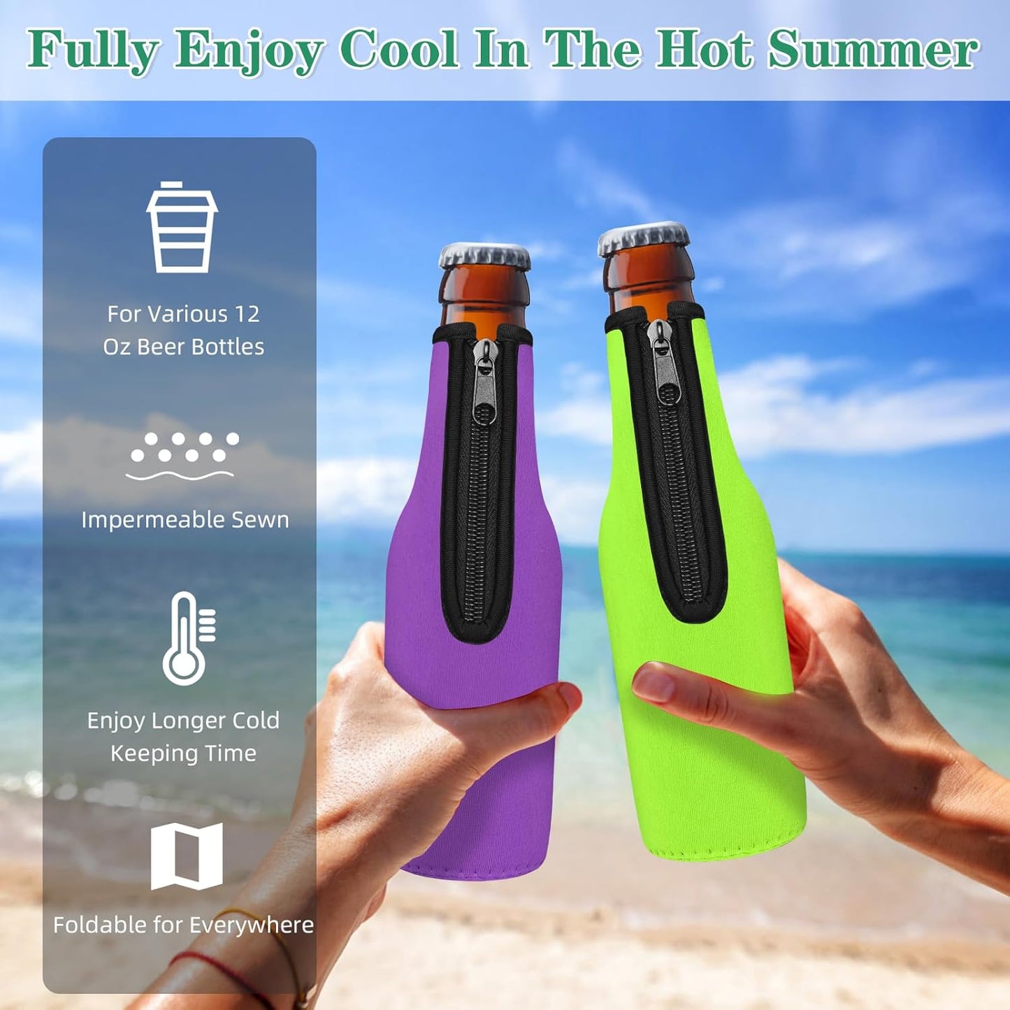 12 OZ 6 Pack) Beer Bottle Cooler Sleeves, Standard Zip-up Extra Thick Neoprene Insulated Sleeve-Keep Beer Cold