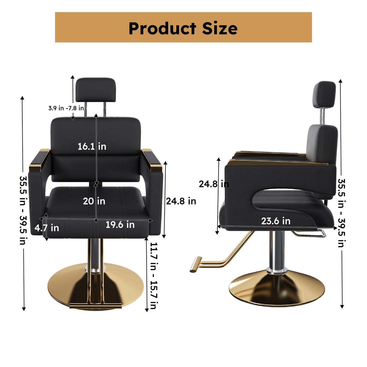 KEIKI Luxury Hydraulic Barber Chair, 160° Reclining Salon Chair w/Adjustable Height & 360° Swivel, Heavy Duty Styling Chair w/Gold Base, PU Leather Cushioned Barber Chair for Salon Spa, Black Gold