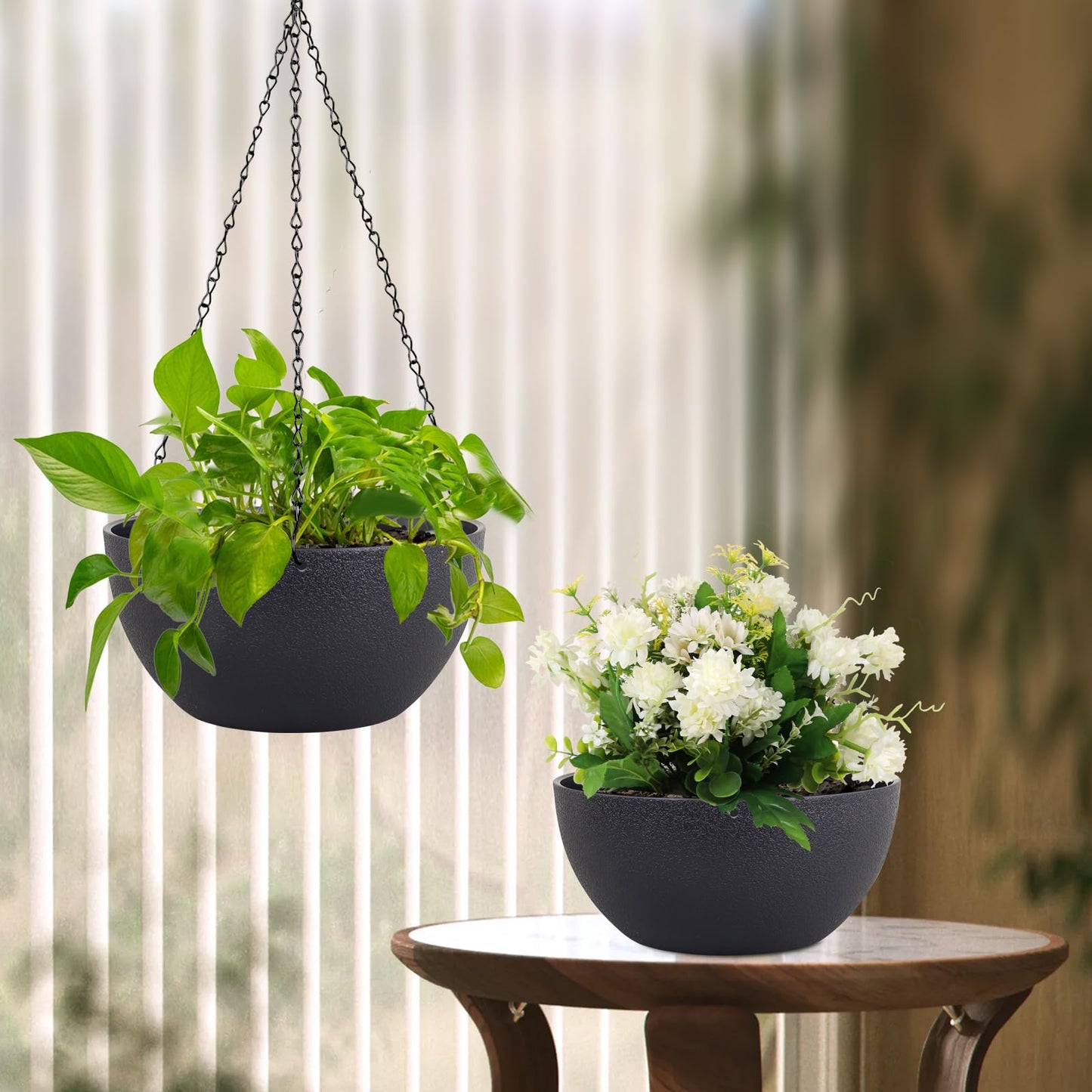 Meowell 8 inch Small Hanging Planters Plant Pots for Indoor Outdoor Plants, 2 Pack Hanging Flower Pots with Drainage Holes and Chain for Garden Porch, Plastic Hanging Baskets for House Plants, Black