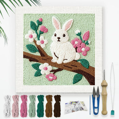 DOODLREAM Rabbit On Branch DIY Punch Needle Embroidery Kit for Adult Beginner, 9.4" Bunny Flower Punch Stitching Craft Set for Starter with Frame,Fabric Pattern,Threader, Yarn, Pinch Needle