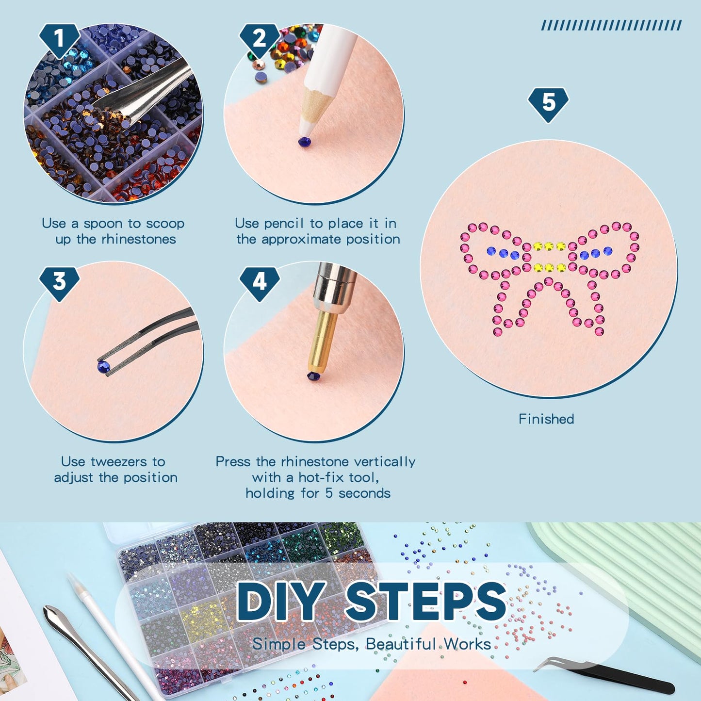 Mnuizu 14400Pcs SS10 Hotfix Rhinestones, 24 Colors Flat Back Round Hot Fix Rhinestones for Hairpin, Crafts Clothes, Bedazzler Kit with Tweezers, Wax Pencil and Spoon