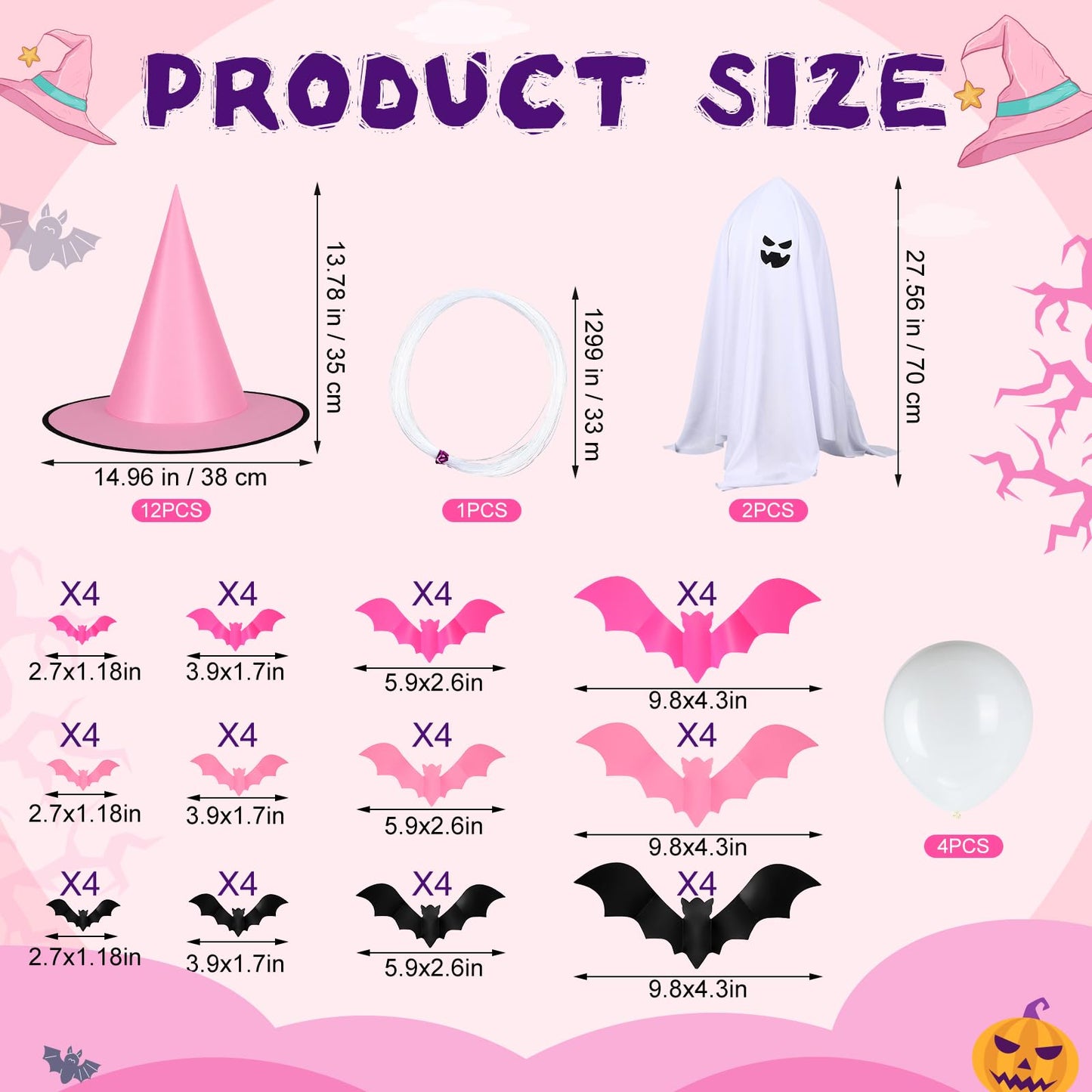 Soulchen 67 Pcs Pink Halloween Decorations Hanging Set 12 Pink Halloween Witch Hats Hanging Scary Ghosts Decor 48 Spooky Bats Wall Stickers 108 ft Rope for Home Front Door Party Ceiling Yard Indoor