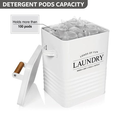 Calindiana Modern Farmhouse Metal Laundry Soap Dispenser with Scoop for Decor and Space Saving Organization, White