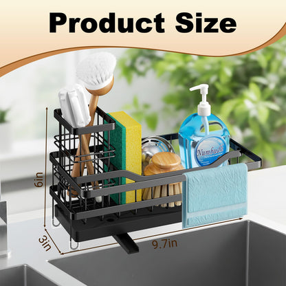 GUUKAR Sponge Holder for Kitchen Sink, Self-draining Sink Organizer with Towel Rack and Brush Holder, Metal Kitchen Sink Organizer for Countertop, Black