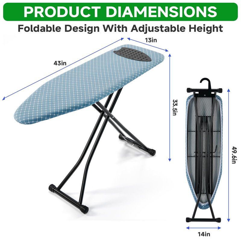 BKTD Compact Ironing Board 13 x 43, Iron Board with Heat Resistant Surface, Adjustable Height, Space Saving Table with Hook & Iron Rest for Home & Laundry Room, Diagonal Checkered Blue