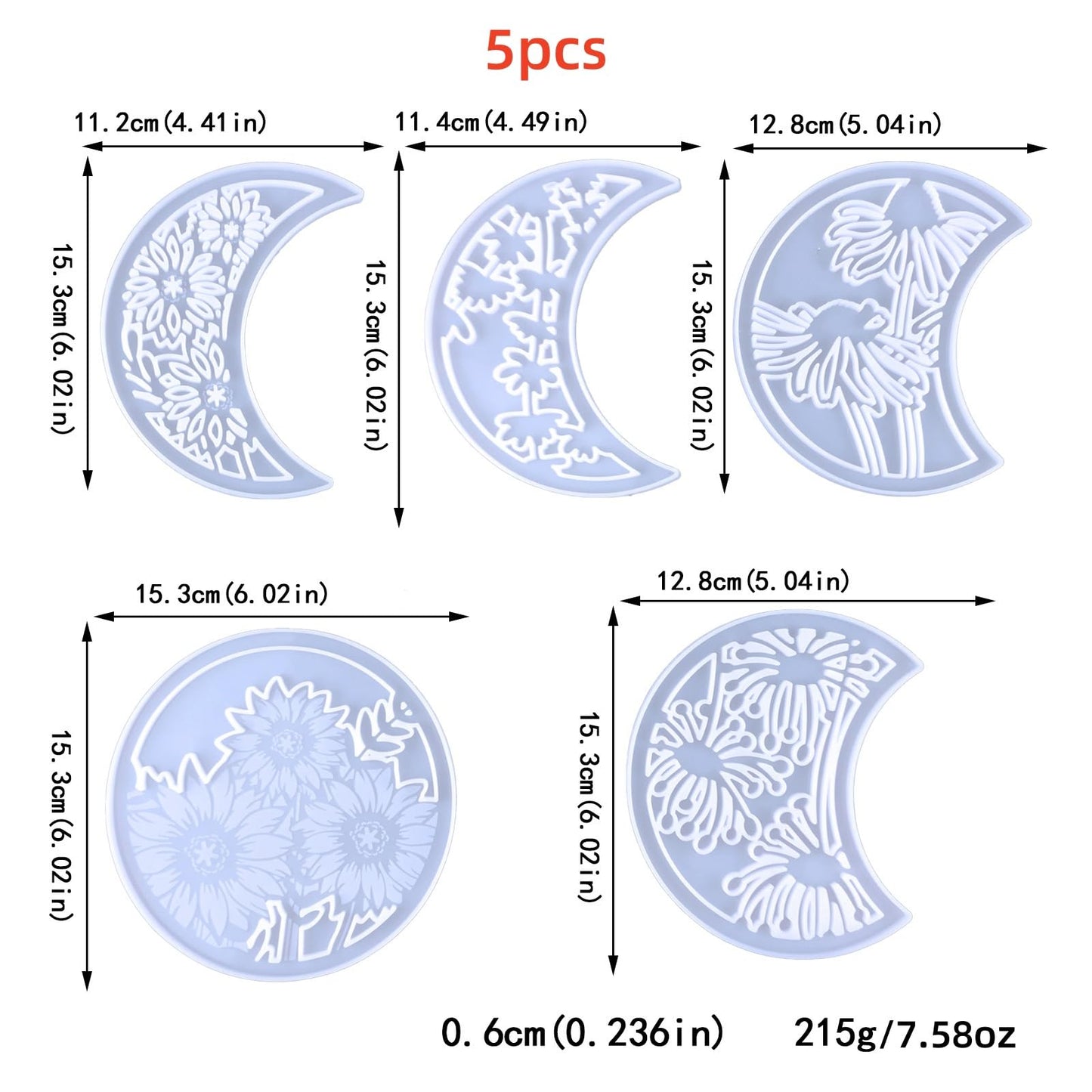 Moon Phase Wall Art Set, 5-Piece Floral Resin Molds, Decorative Silicone Casting Molds for Home Decor, Moon Phase Epoxy Resin Silicone Molds