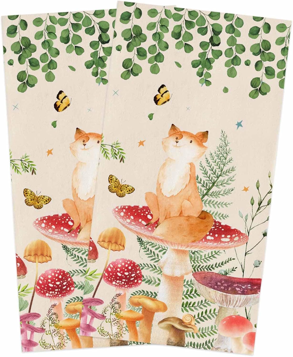 Mushroom Fox Kitchen Towels, Absorbent Microfiber Dish Towels with Eucalyptus Botanical Flower Leaves Herbs (2-PC)