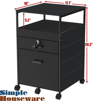 SHW Box File Rolling Mobile Cabinet with Open Shelf and Lockable Drawer, Black