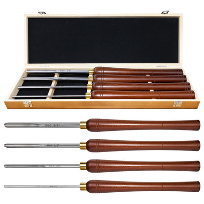 SIIIXS 4Pcs HSS Bowl Gouge Lathe Chisel Set with Side Grind, 1/4", 3/8", 1/2" and 5/8" Spindle Gouge for woodturning,Wood Lathe Bowl Turning Tools with Wooden Box