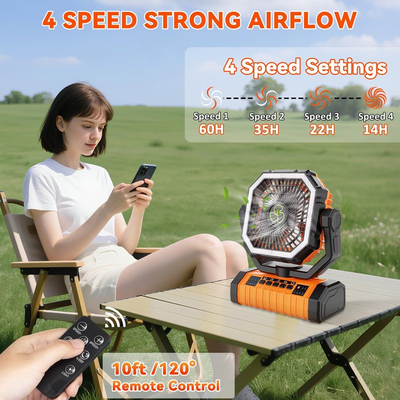 ZioeYiue Camping Fan Rechargeable, 20000mAh Large Battery Powered Fans, 4 Speed Rechargeable Fan with Remote, Cordless Battery Operated Fans with LED Light and Hanging Hook for Camp Tent Beach Outdoor