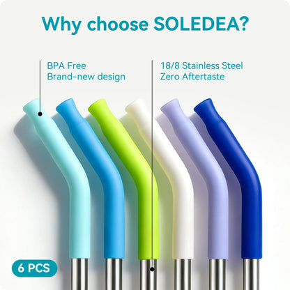 Soledea 6 Pcs Metal Reusable Straws for 40 oz Tumbler, Stainless Steel Long Drinking Straw with Colourful Silicone Tips,Straw for Glass Cups, Cleaning Brushes Included, BPA FREE