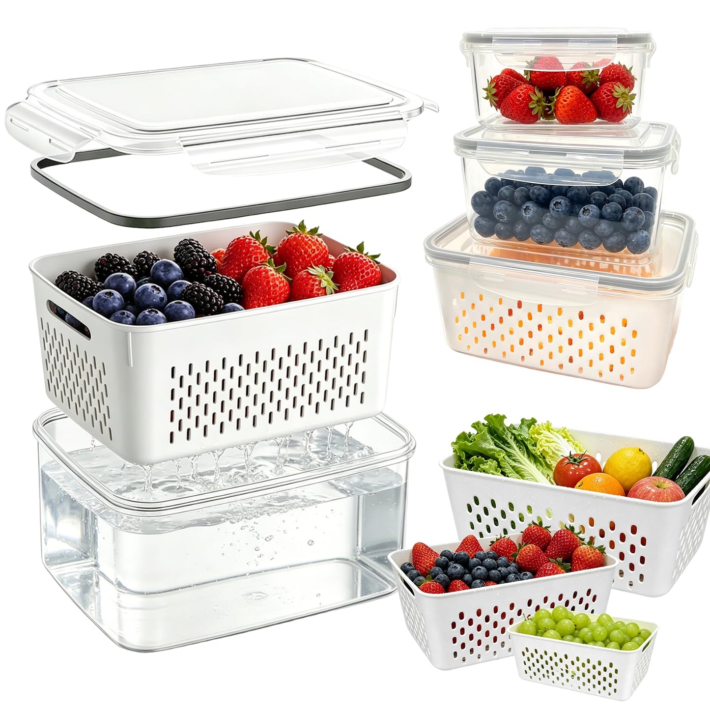 IKKAB 3 Pack Fruit Storage Containers for Fridge with Removable Colander, Airtight Produce Storage Containers for Fridge, 4-in-1 Fruit and Vegetable Storage, Berry Keeper, Stackable Veggie Containers